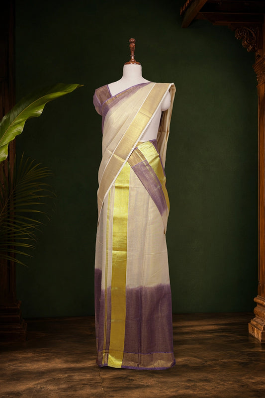 Golden And Lavender Tissue Kerala Set Mundu - Seematti