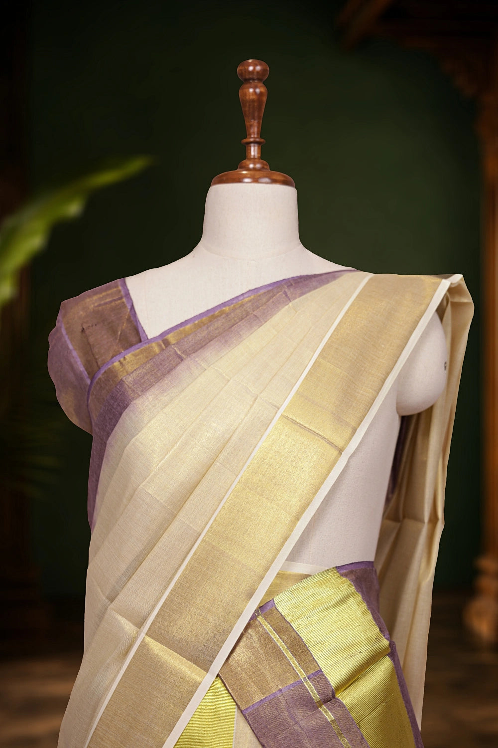 Golden And Lavender Tissue Kerala Set Mundu