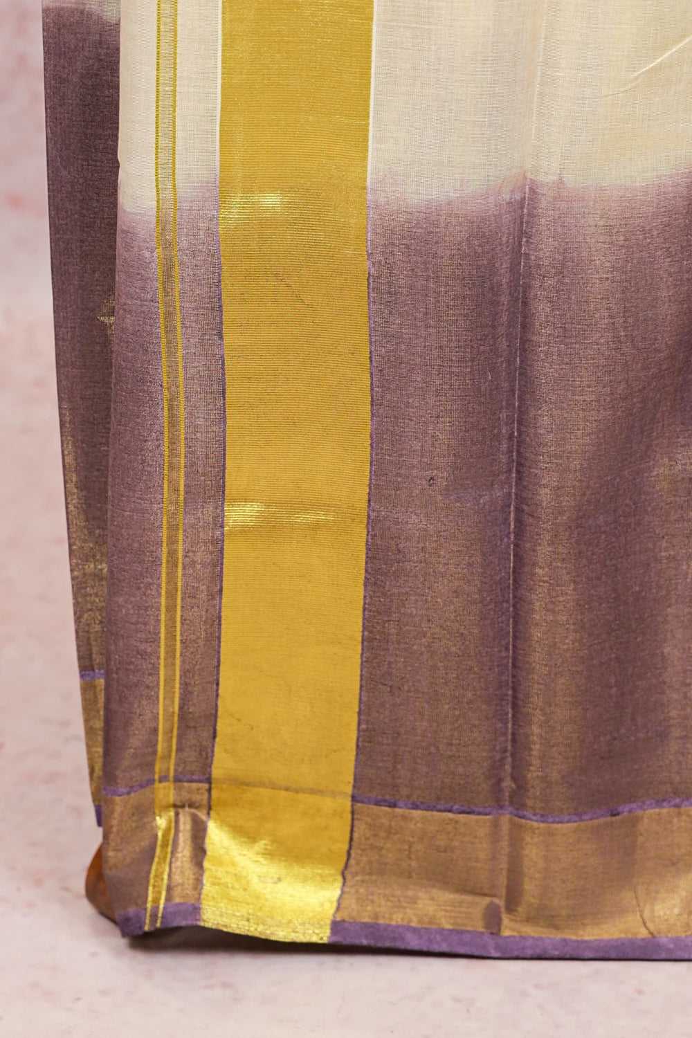 Golden And Lavender Tissue Kerala Set Mundu