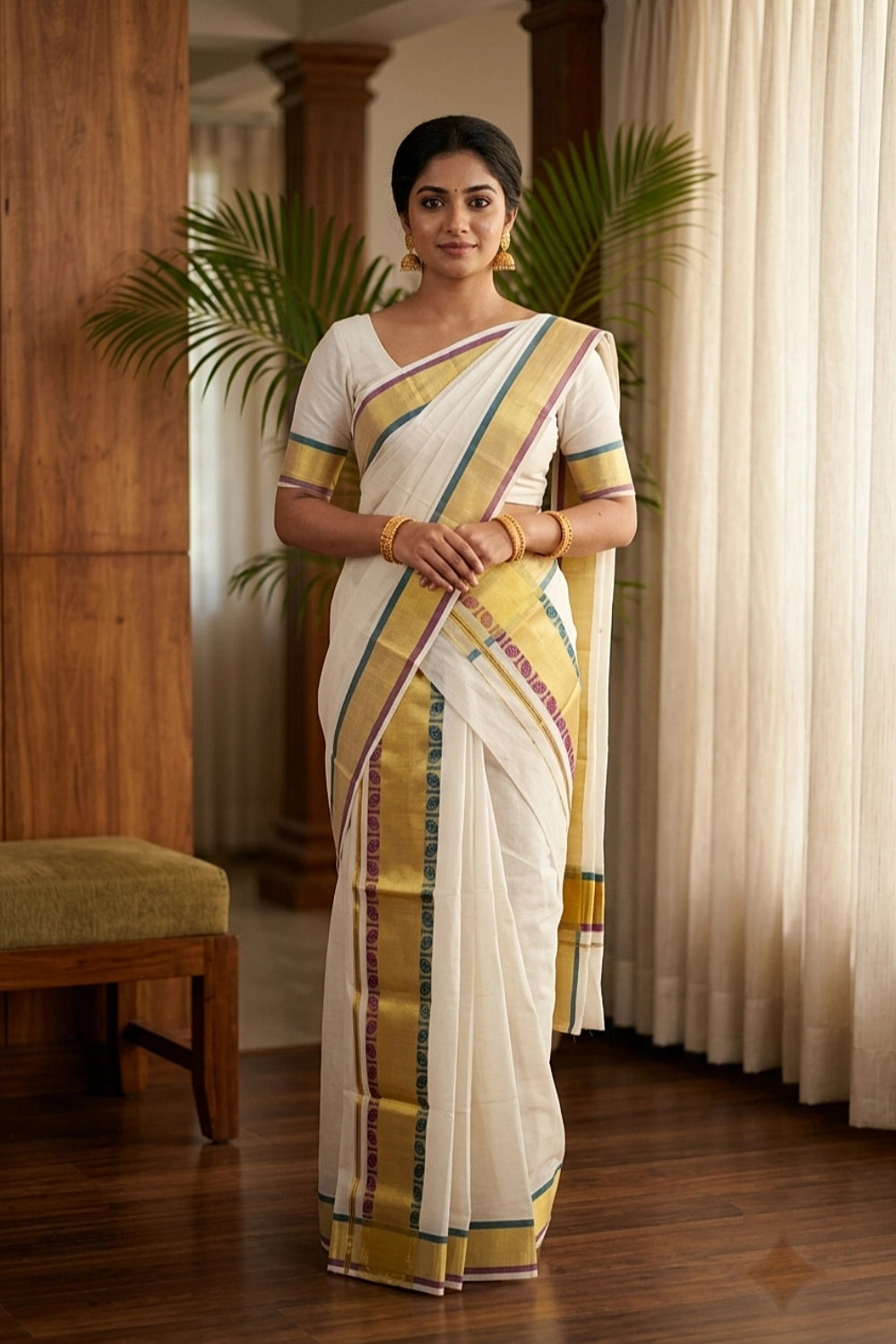 Off White Cotton Kerala Set Mundu