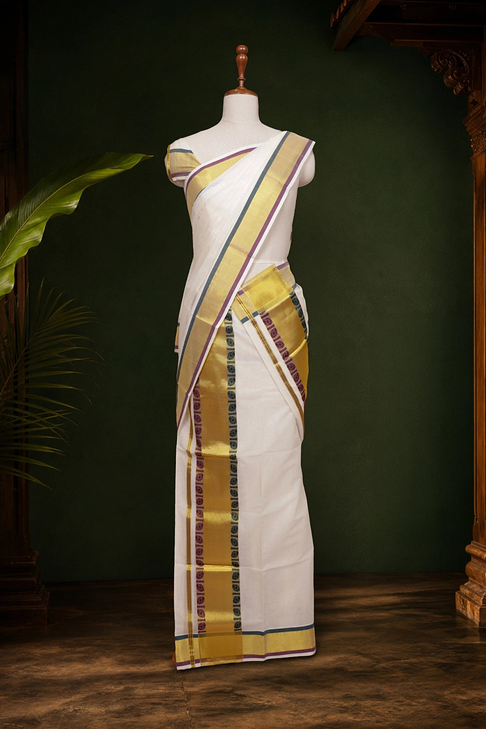 Off White Cotton Kerala Set Mundu