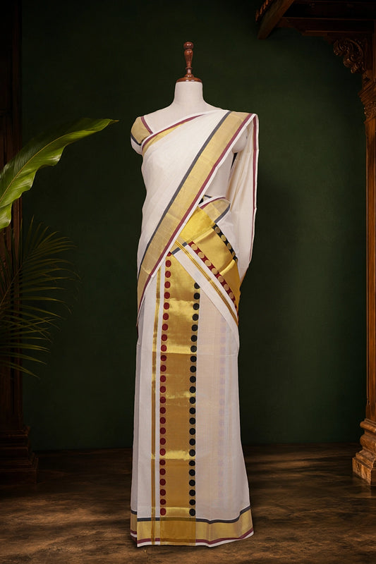 Off white Cotton Kerala Set Mundu - Seematti