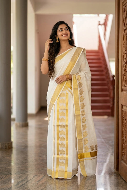 Off White Cotton Kerala Set Mundu