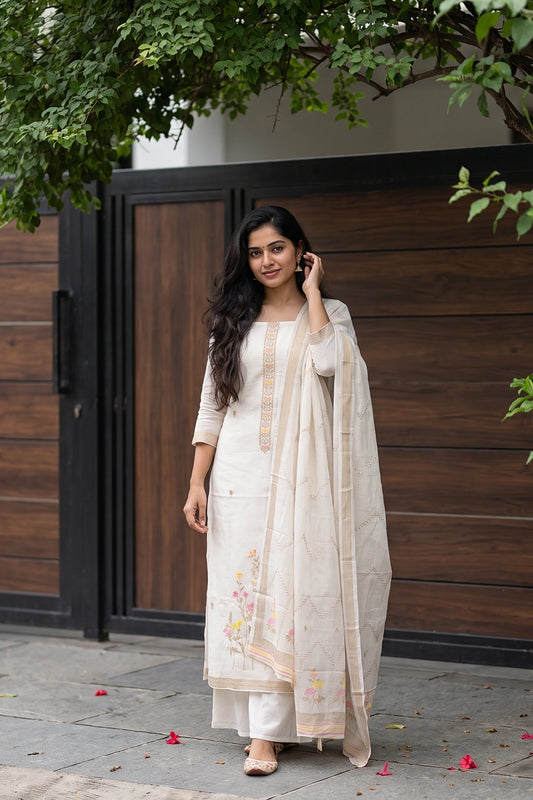 Cream Cotton Zari Work Unstitched Churidhar Material