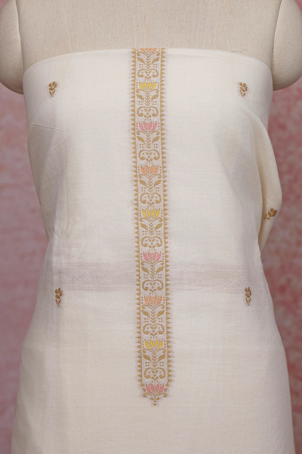 Cream Cotton Zari Work Unstitched Churidhar Material