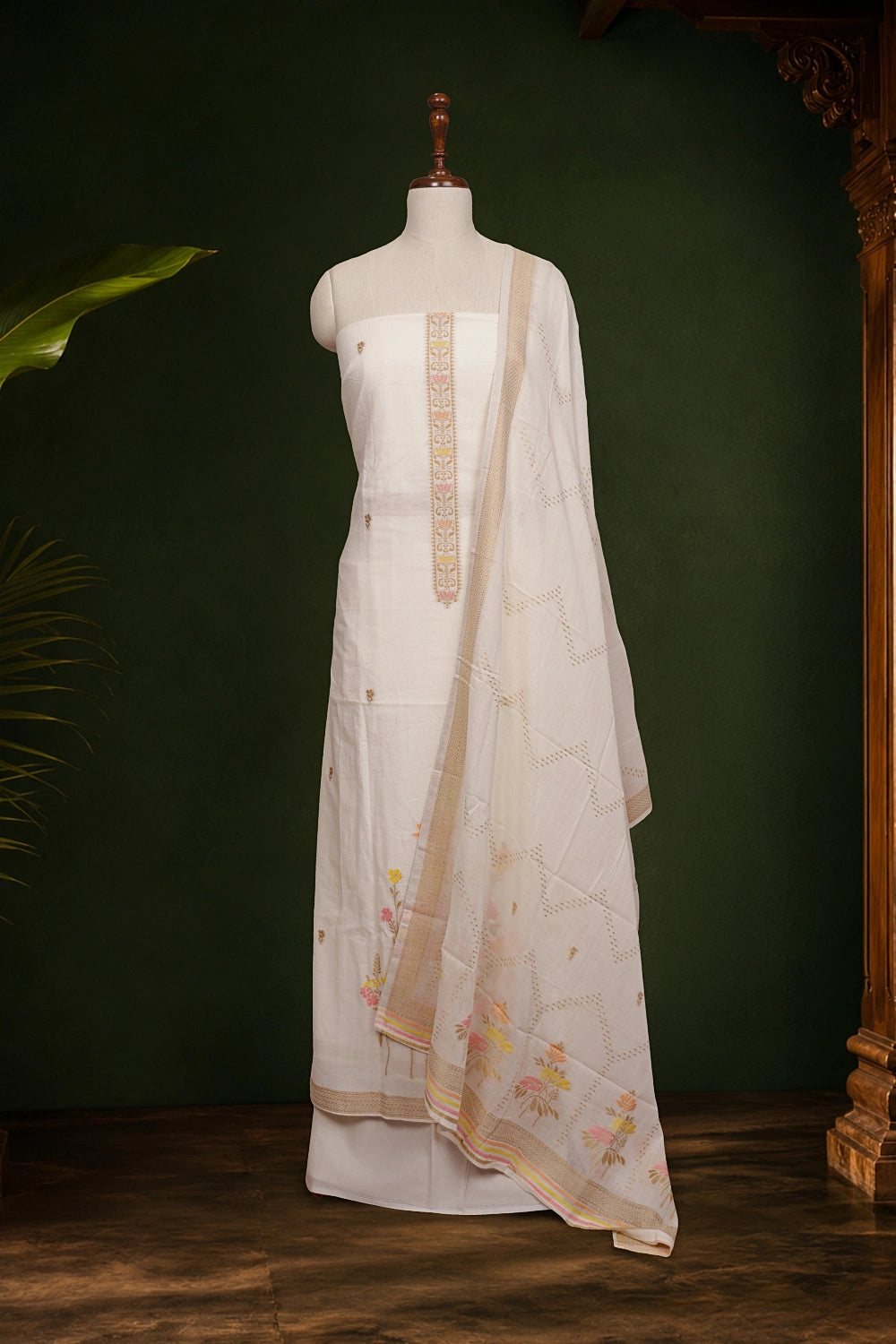 Cream Cotton Zari Work Unstitched Churidhar Material