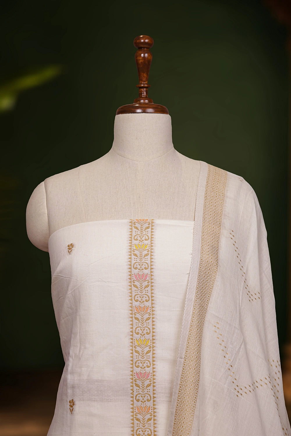 Cream Cotton Zari Work Unstitched Churidhar Material