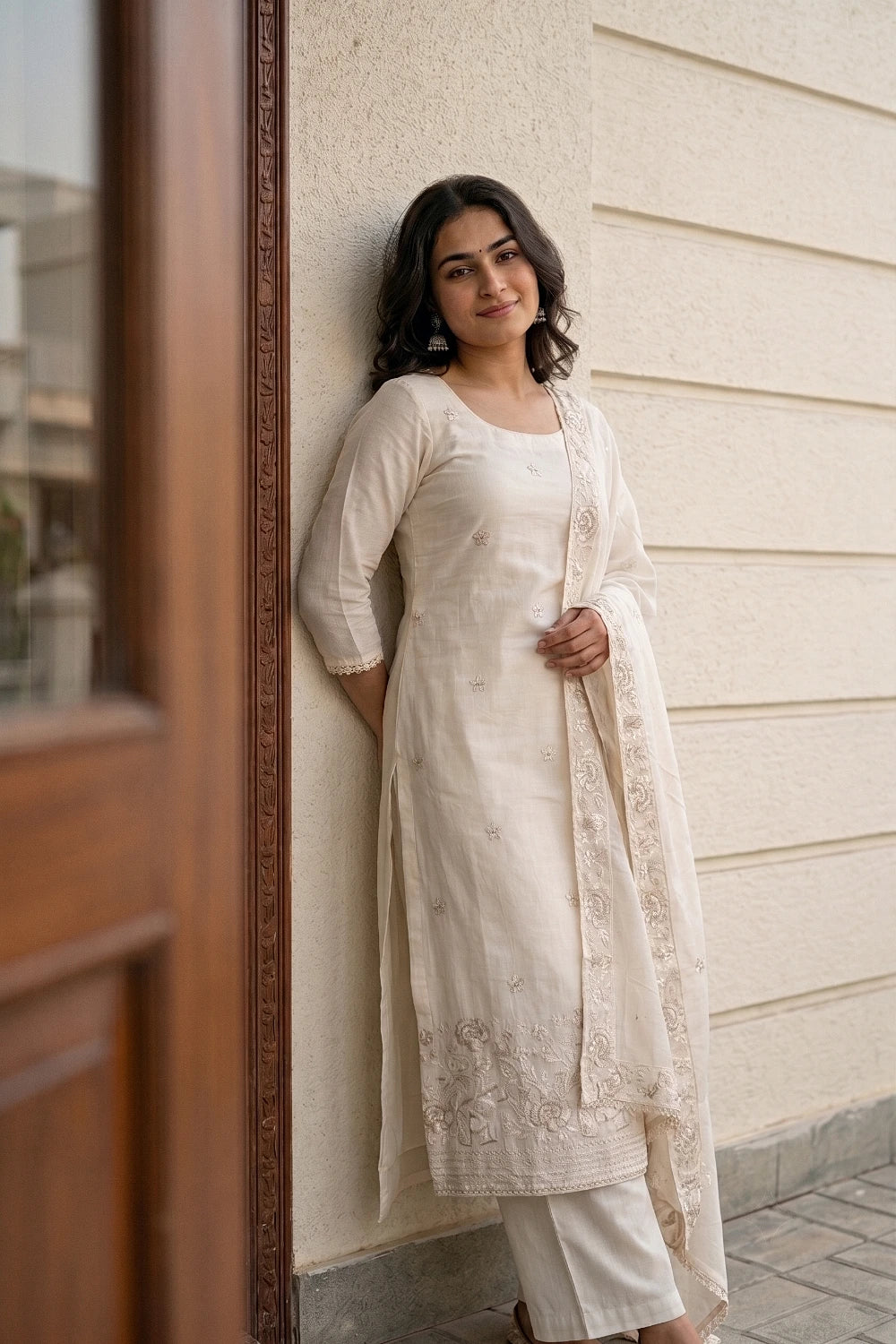 Cream Cotton Embroidery Unstitched Churidhar Material