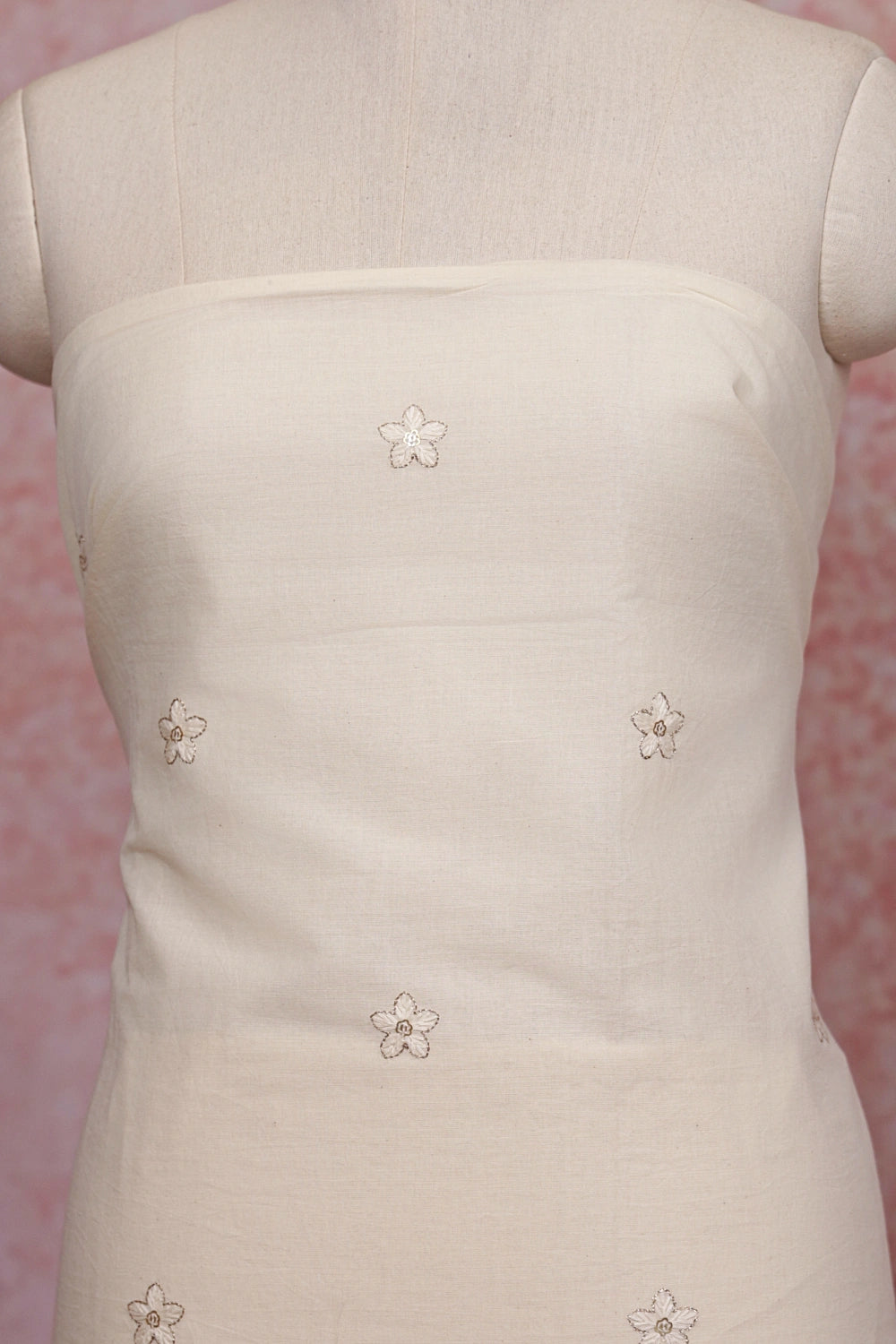 Cream Cotton Embroidery Unstitched Churidhar Material