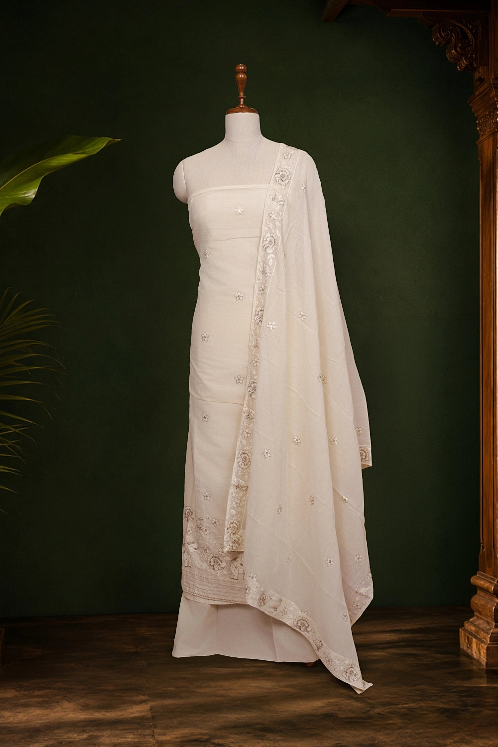 Cream Cotton Embroidery Unstitched Churidhar Material