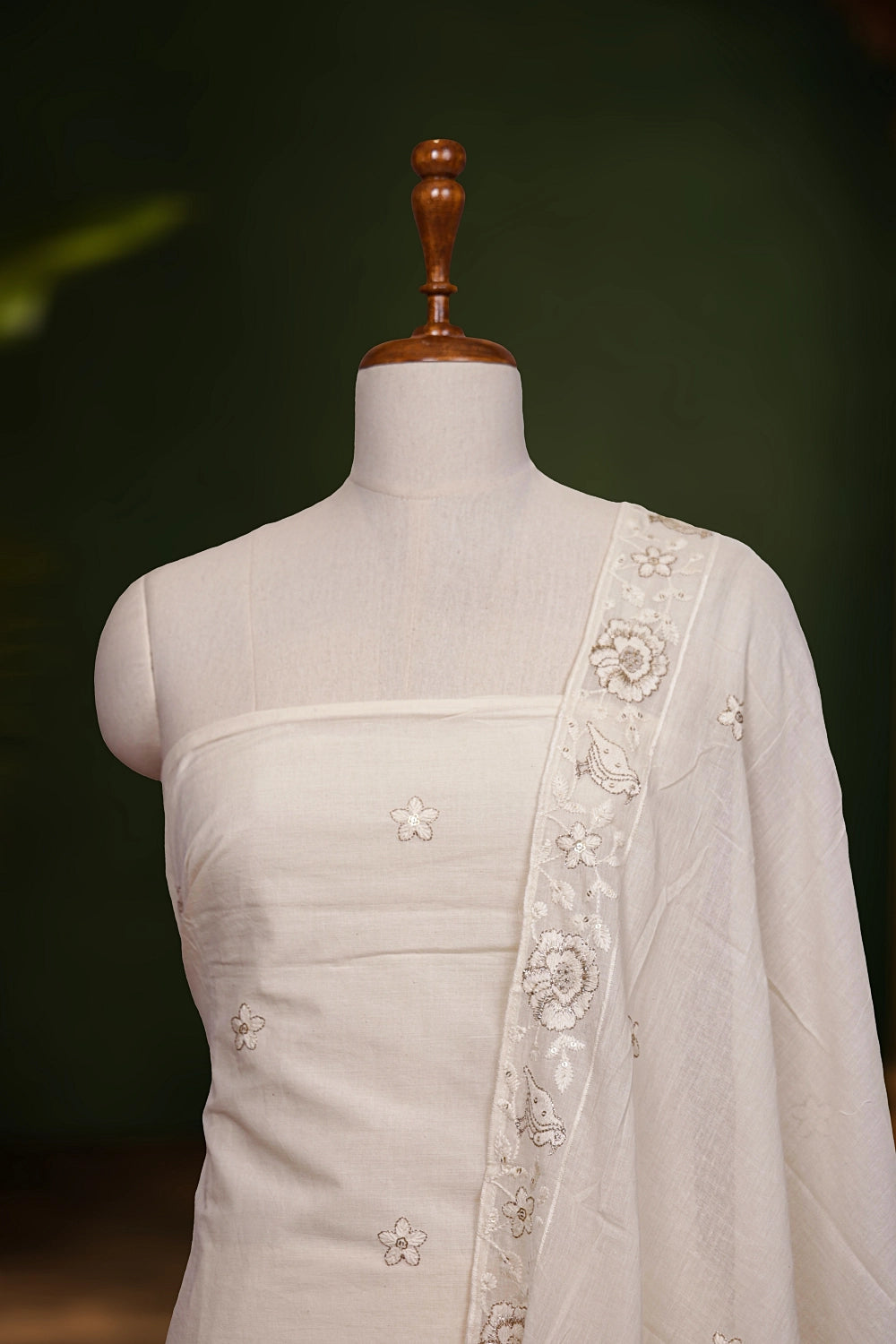 Cream Cotton Embroidery Unstitched Churidhar Material