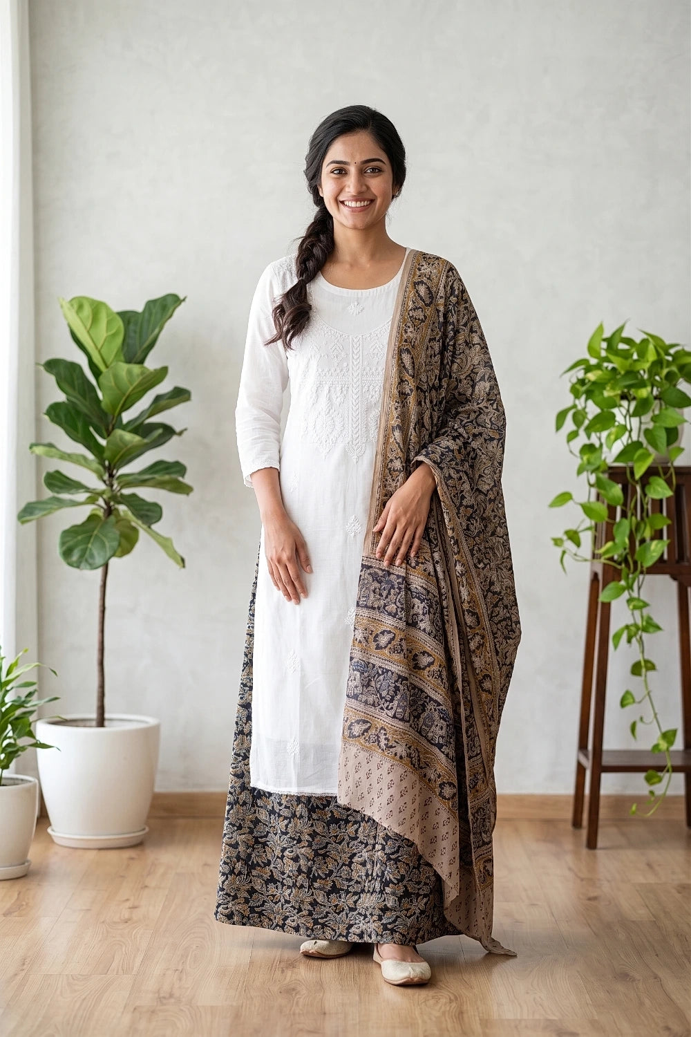 Cream Cotton Embroidery Unstitched Churidhar Material