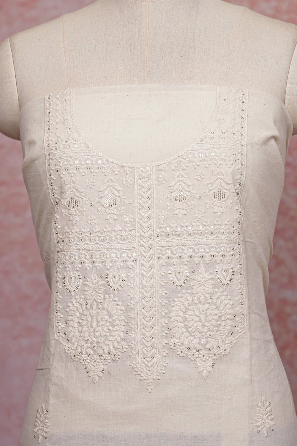 Cream Cotton Embroidery Unstitched Churidhar Material