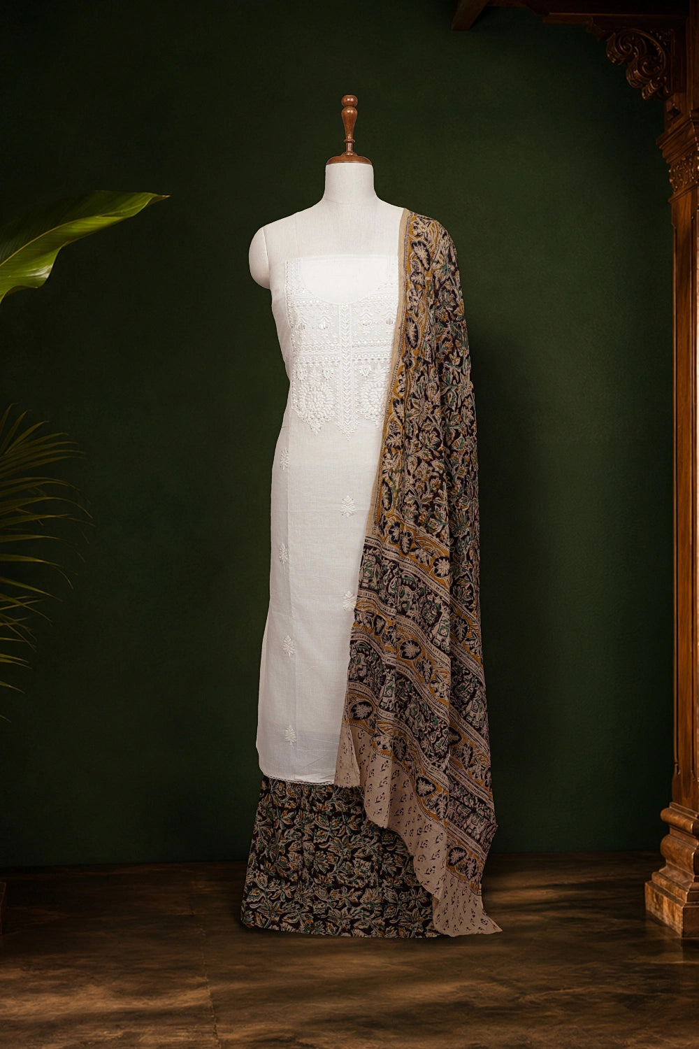 Cream Cotton Embroidery Unstitched Churidhar Material