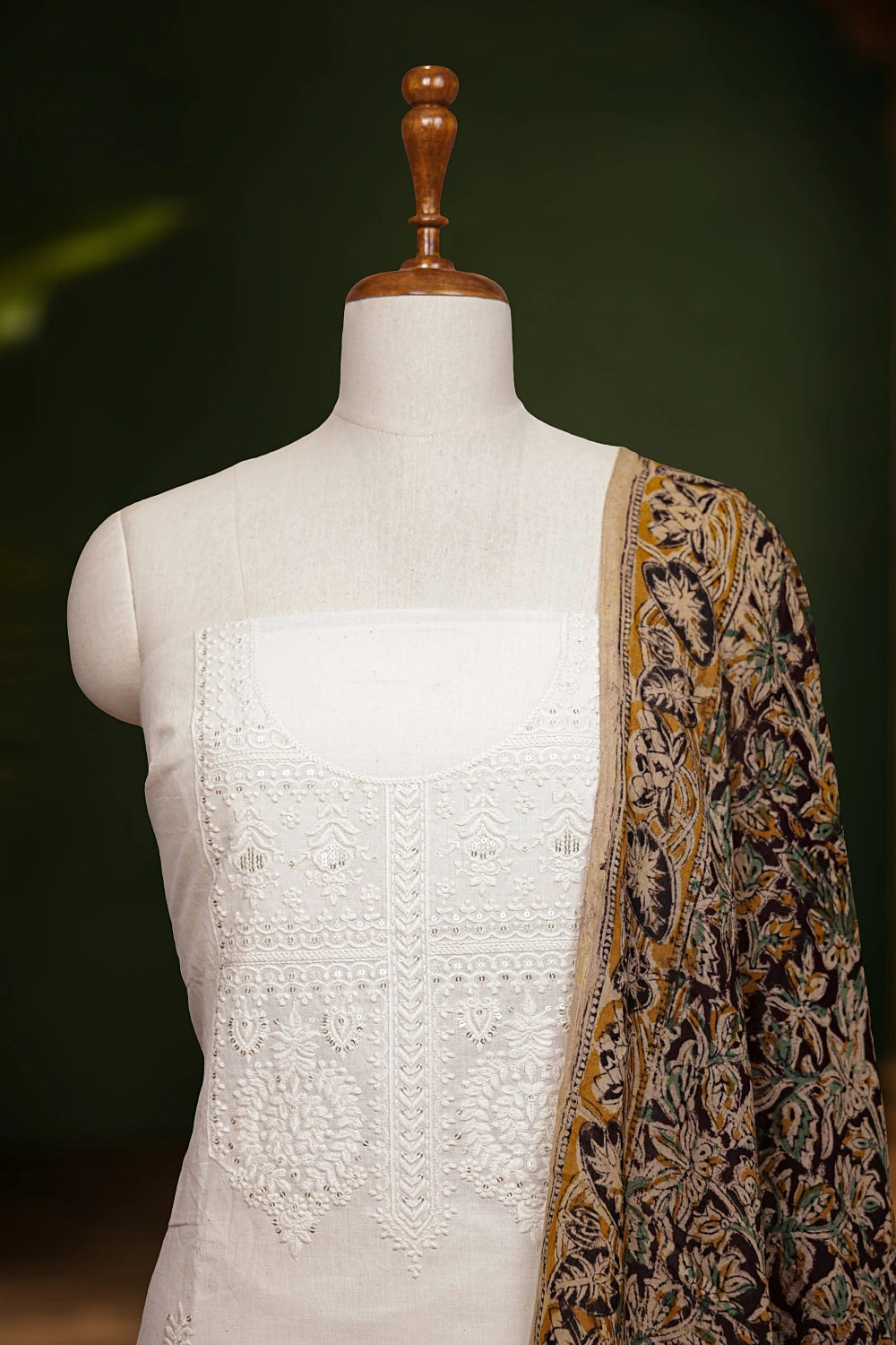 Cream Cotton Embroidery Unstitched Churidhar Material