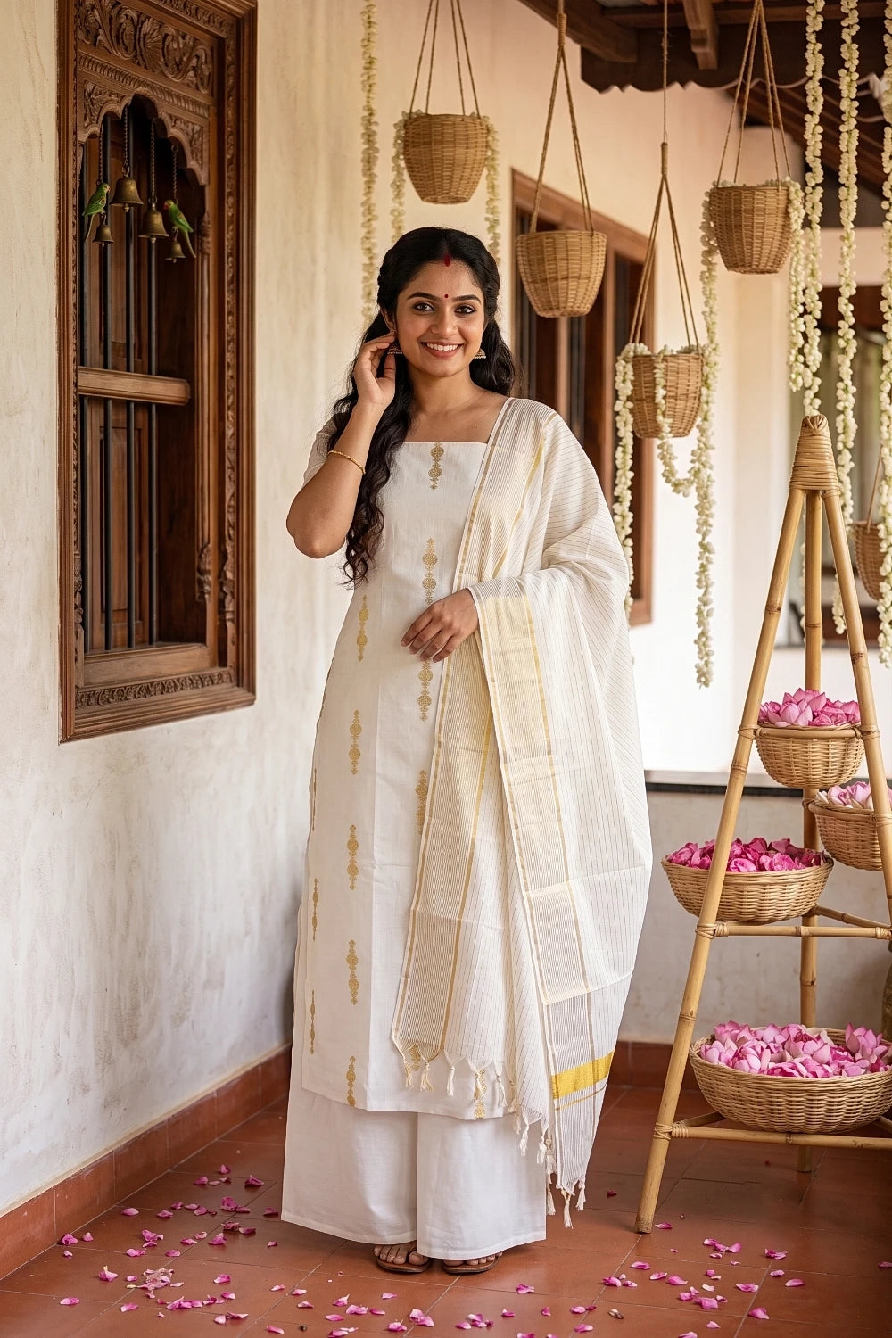 Cream Cotton Zari Work Unstitched Churidhar Material