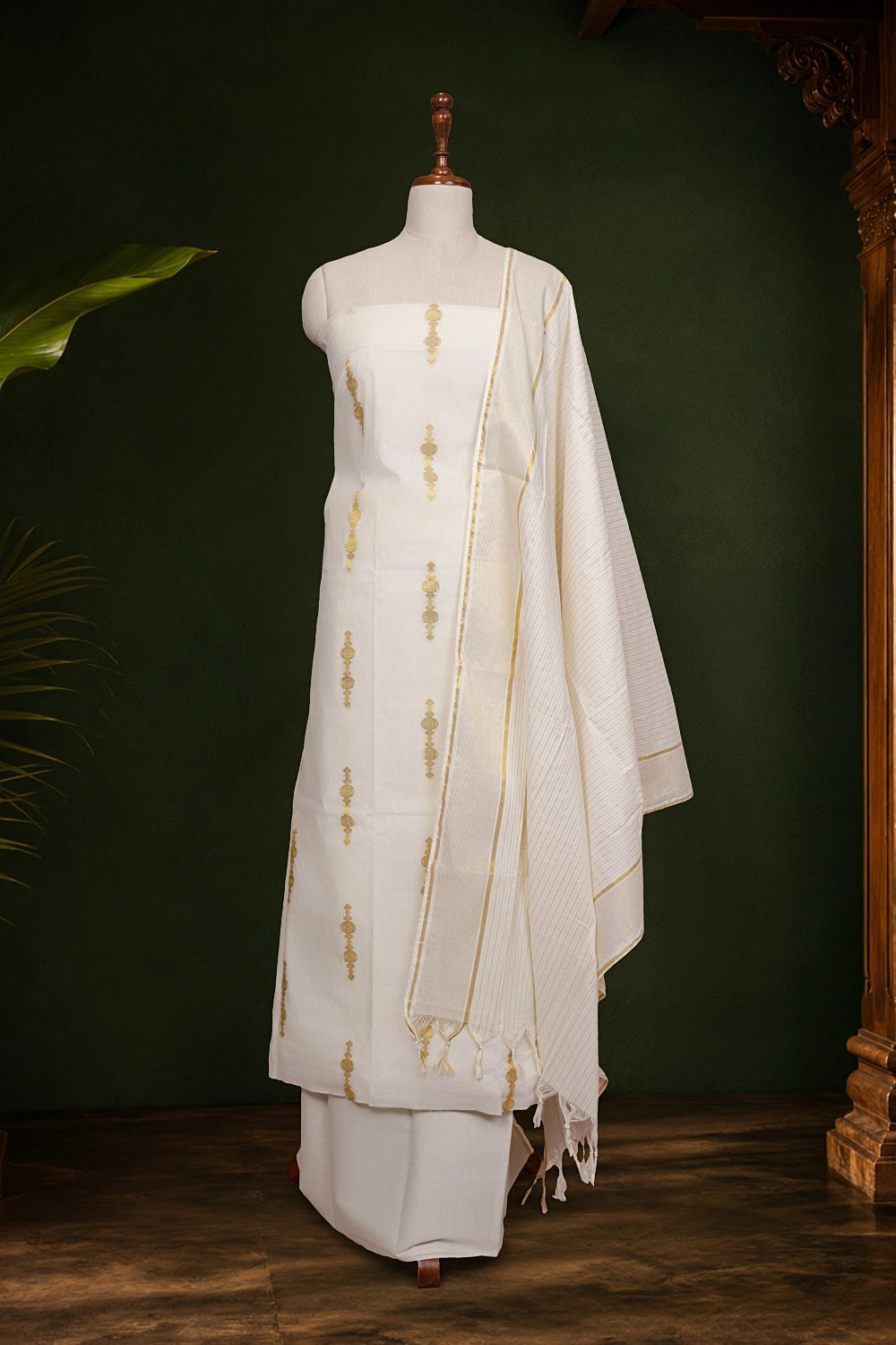 Cream Cotton Zari Work Unstitched Churidhar Material