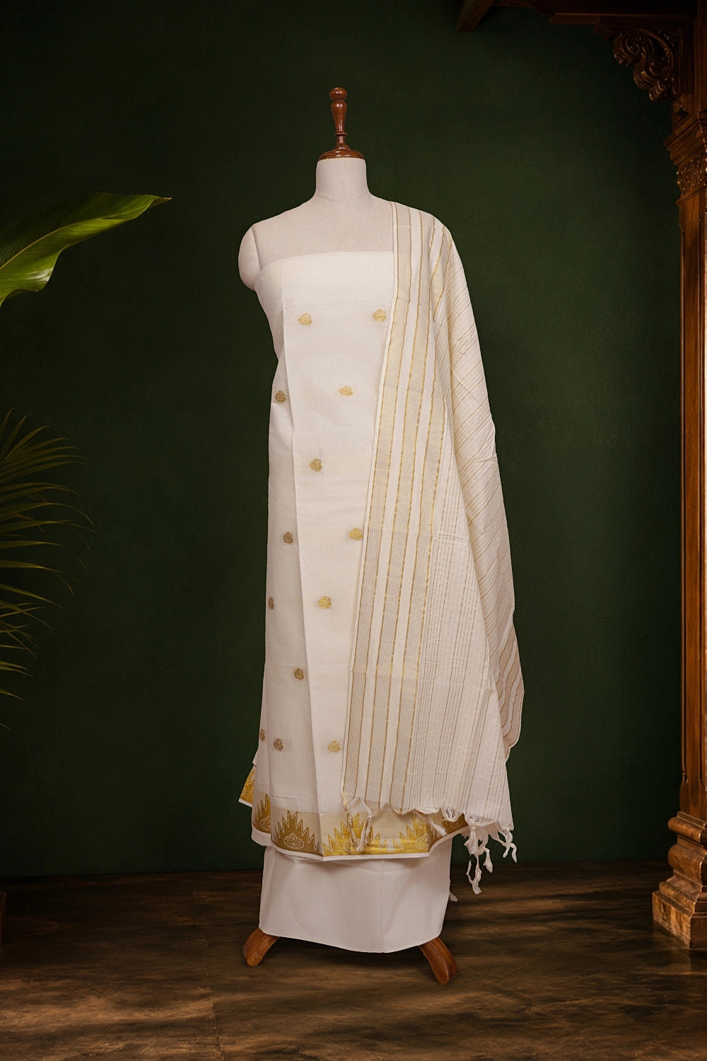 Cream Cotton Butta Unstitched Churidhar Material