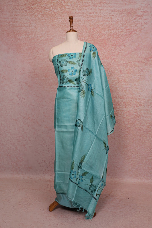 Light Blue Tussar Silk Unstitched Churidhar Material