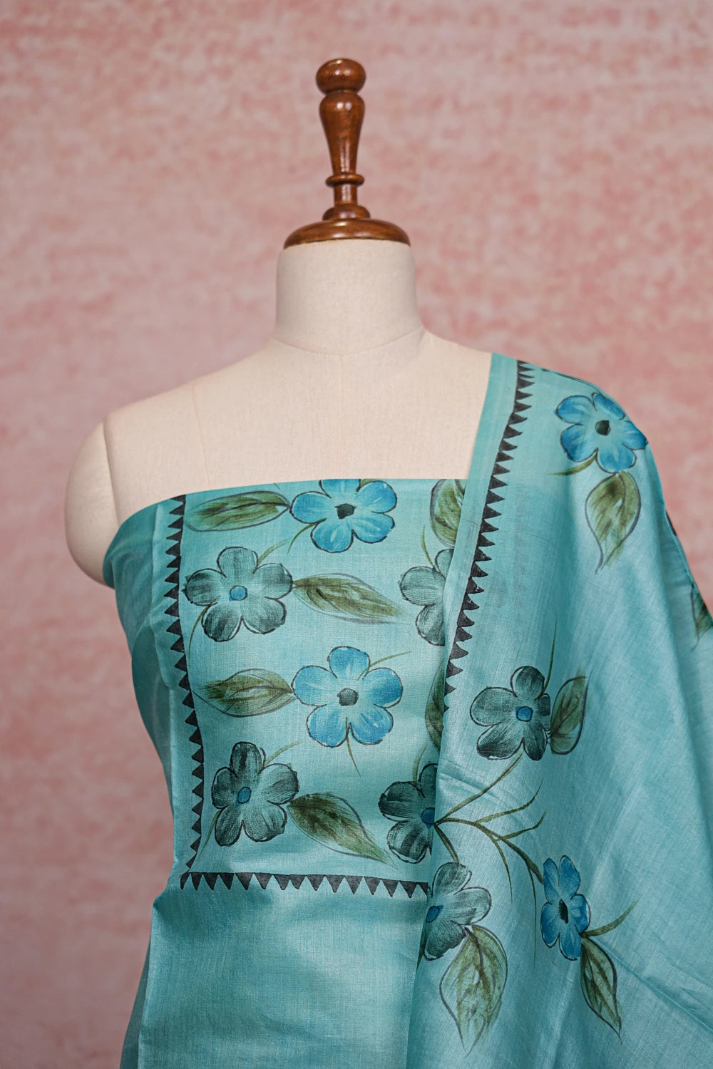 Light Blue Tussar Silk Unstitched Churidhar Material