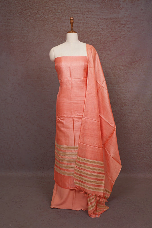Peach Tussar Silk Plain Body Unstitched Churidhar Material