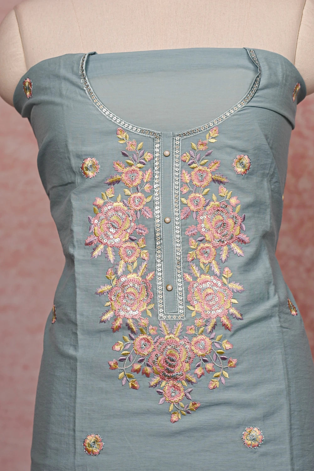 Powder Blue Semi Silk Thread Work Unstitched Churidhar Material