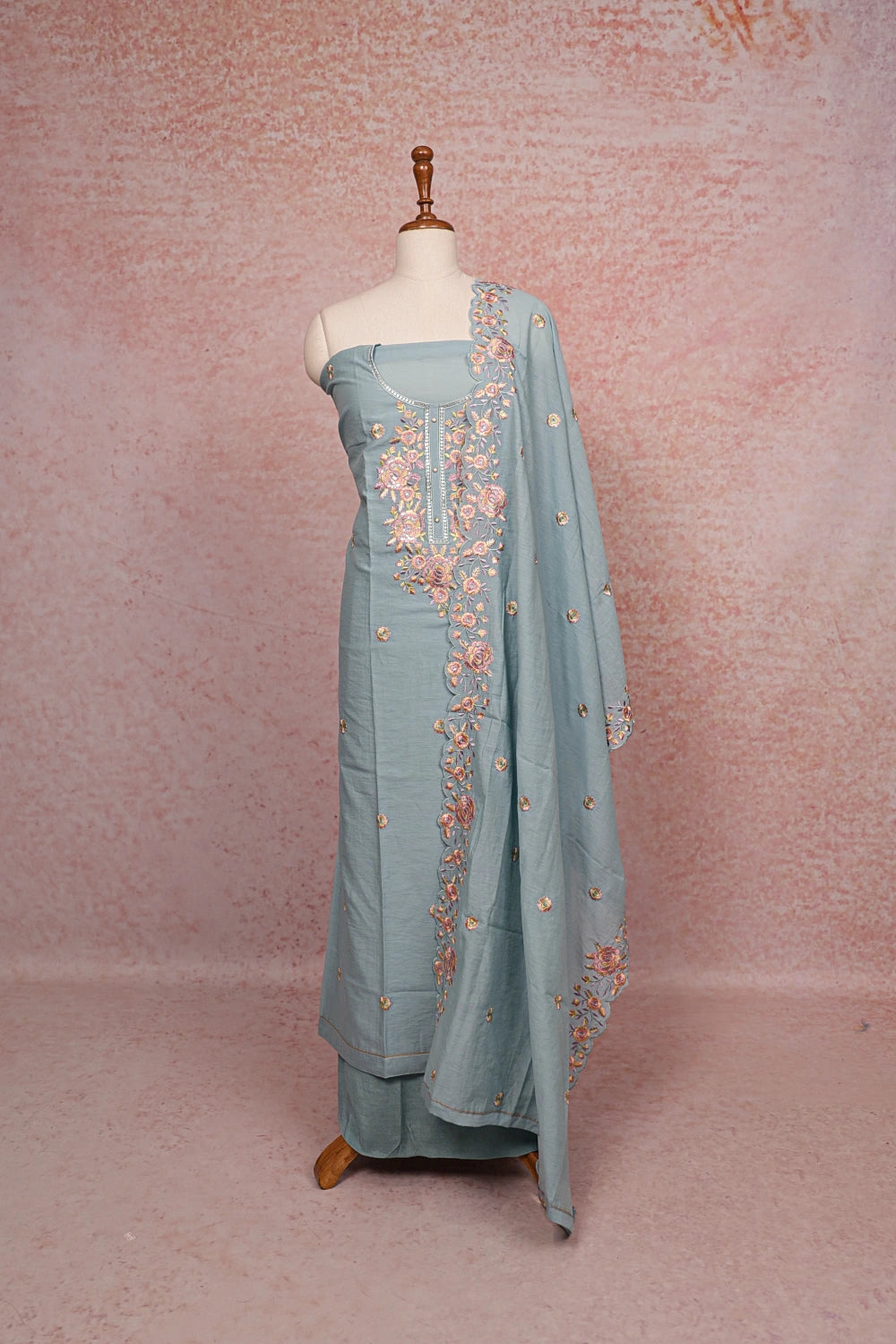 Powder Blue Semi Silk Thread Work Unstitched Churidhar Material