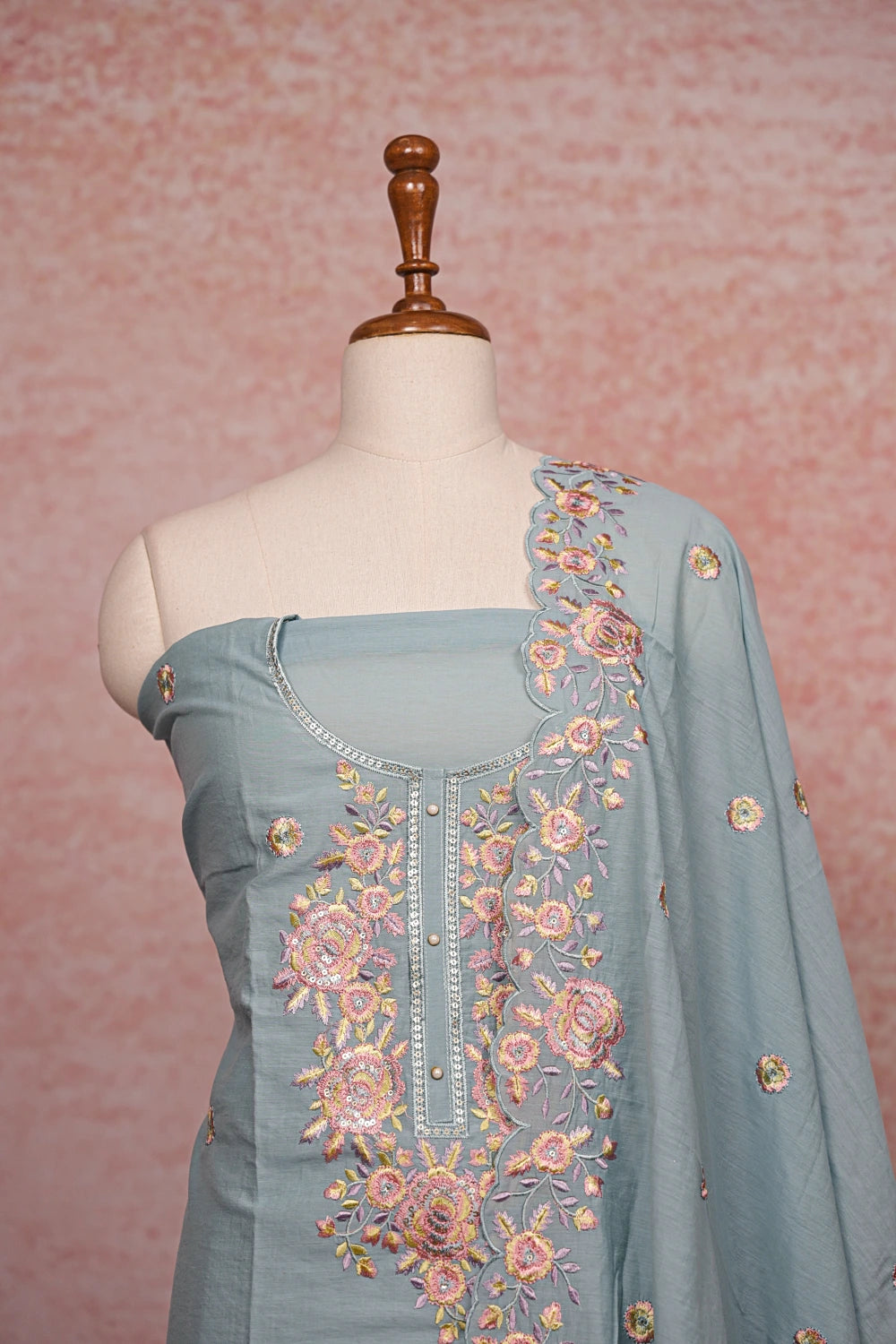 Powder Blue Semi Silk Thread Work Unstitched Churidhar Material