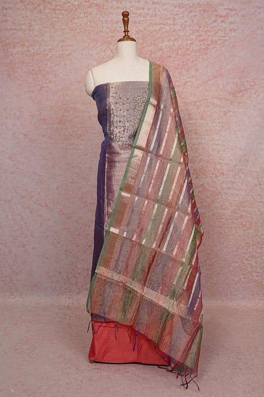 Blue Tissue Organza Beads Work Unstitched Churidhar Material