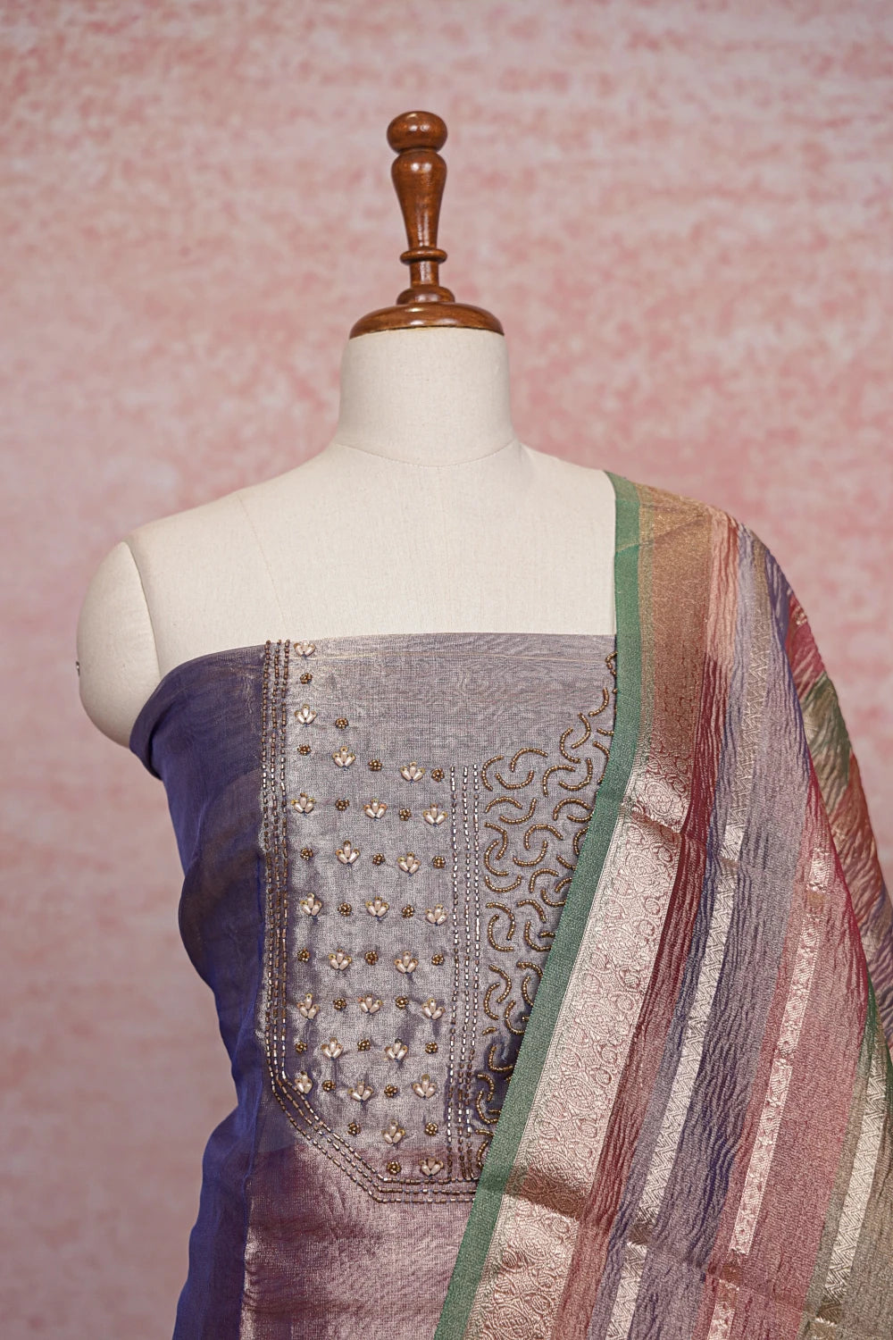 Blue Tissue Organza Beads Work Unstitched Churidhar Material