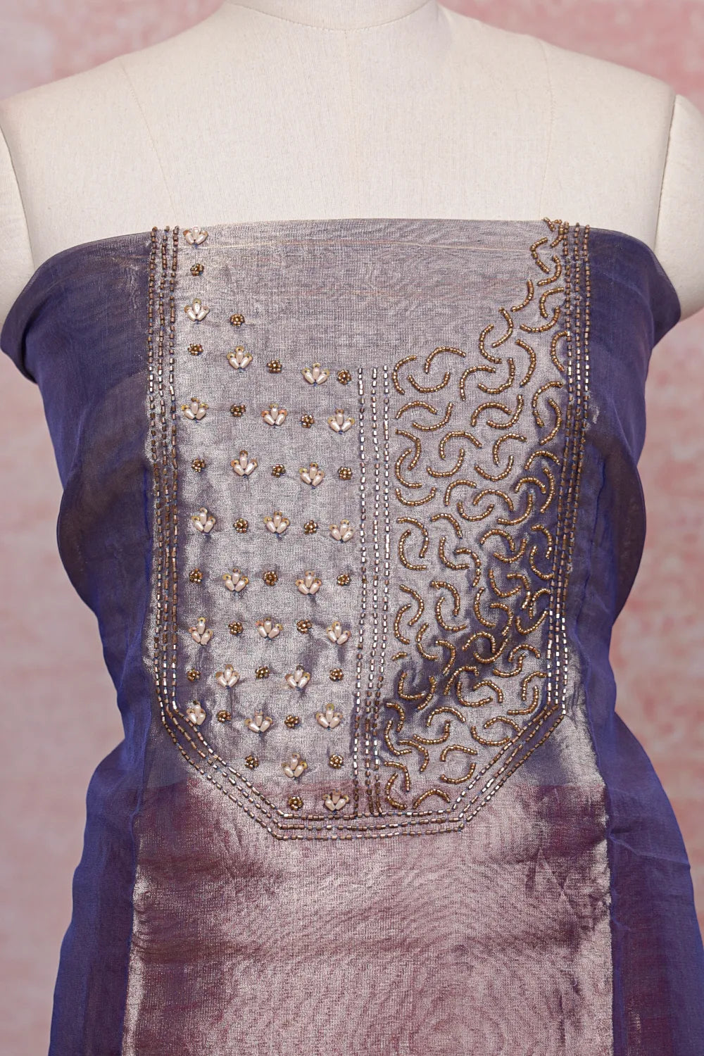 Blue Tissue Organza Beads Work Unstitched Churidhar Material