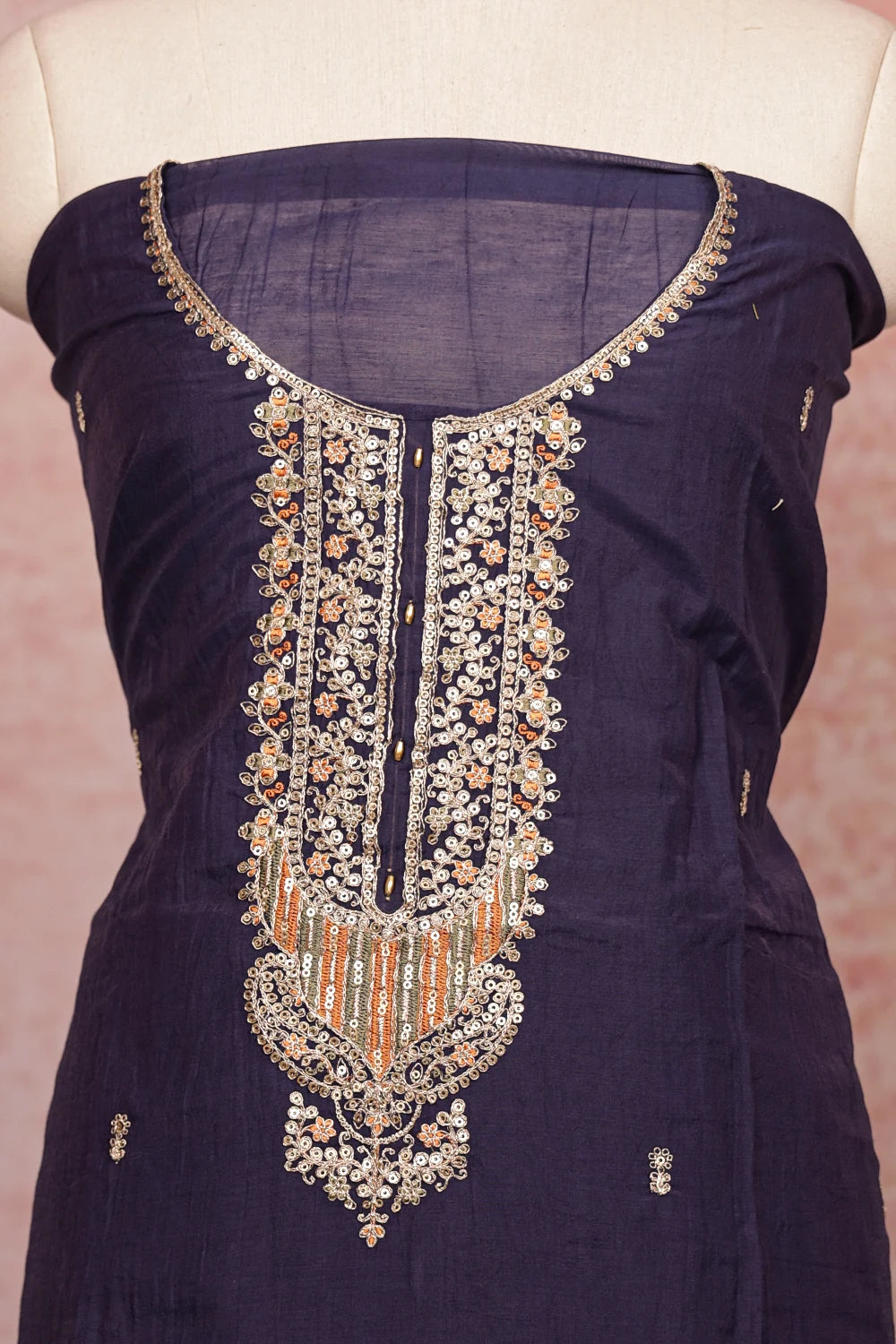 Navy Blue Chanderi Silk Embroidery  Unstitched Churidhar Material