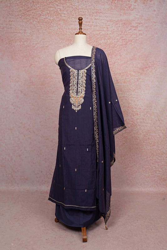 Navy Blue Chanderi Silk Embroidery  Unstitched Churidhar Material