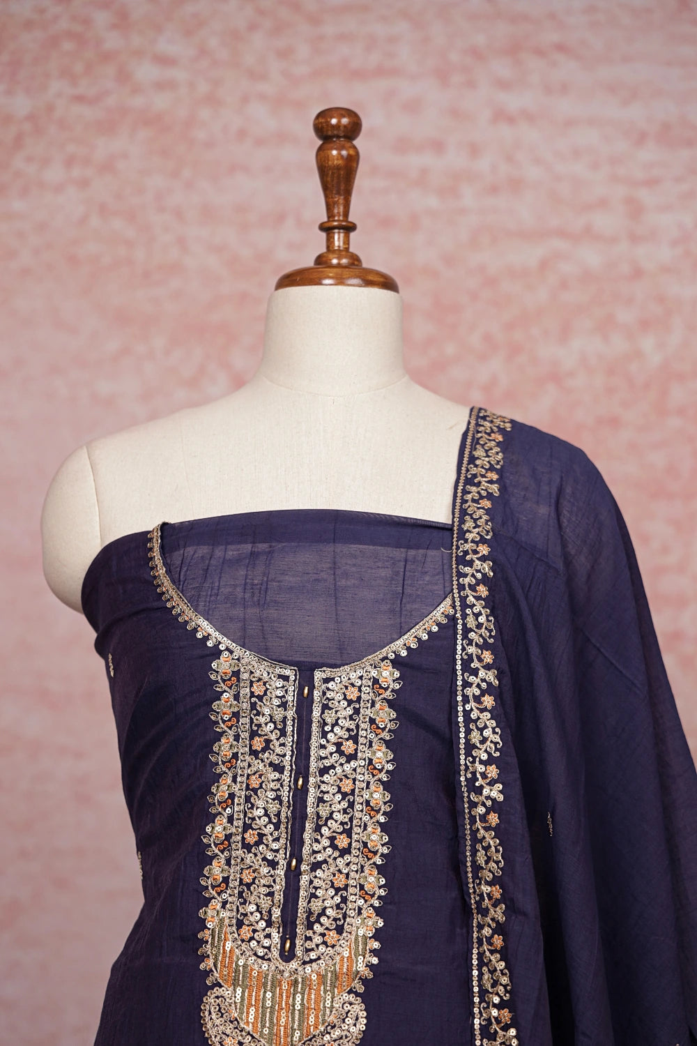Navy Blue Chanderi Silk Embroidery  Unstitched Churidhar Material