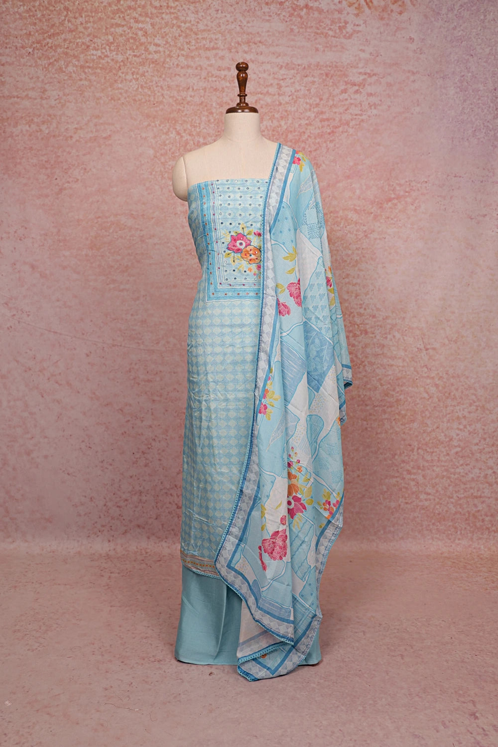 Sky Blue Mascline Printed Unstitched Churidhar Material