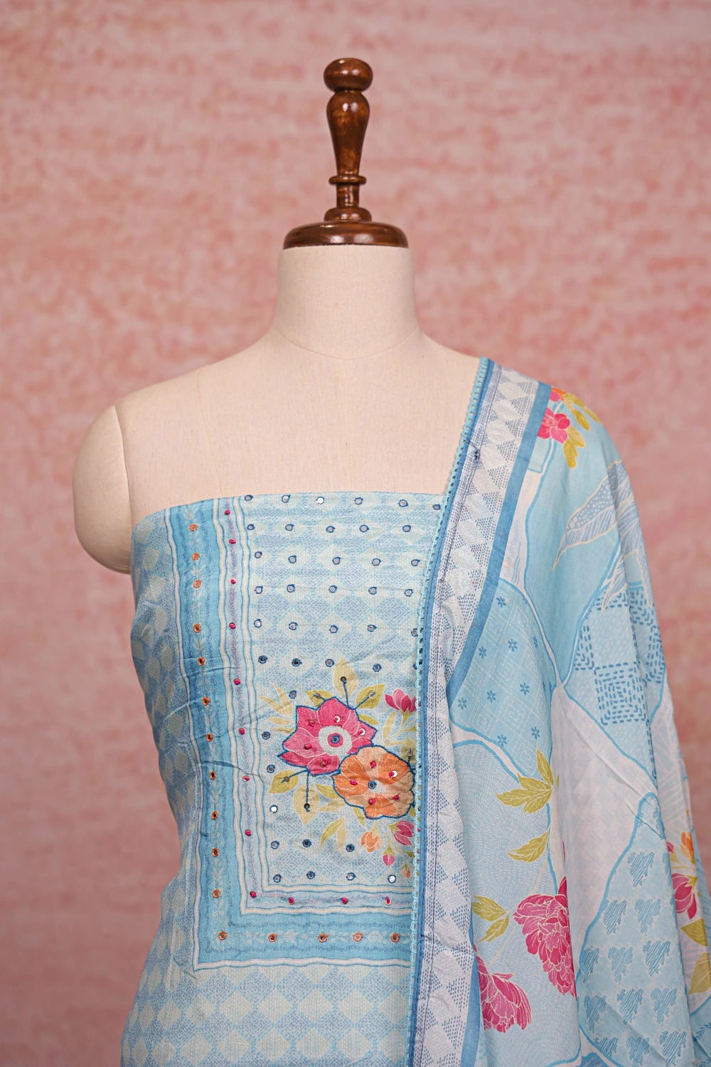 Sky Blue Mascline Printed Unstitched Churidhar Material