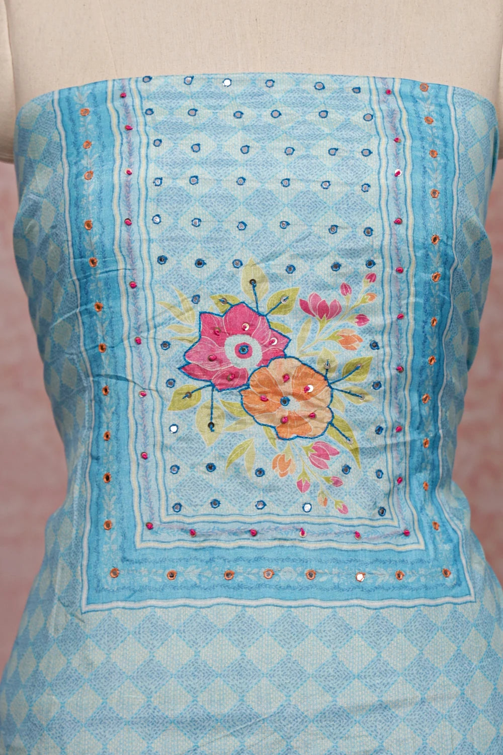 Sky Blue Mascline Printed Unstitched Churidhar Material