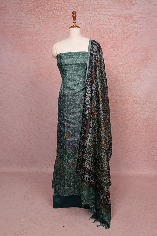 Green Tussar Silk  Printed Unstitched Churidhar Material