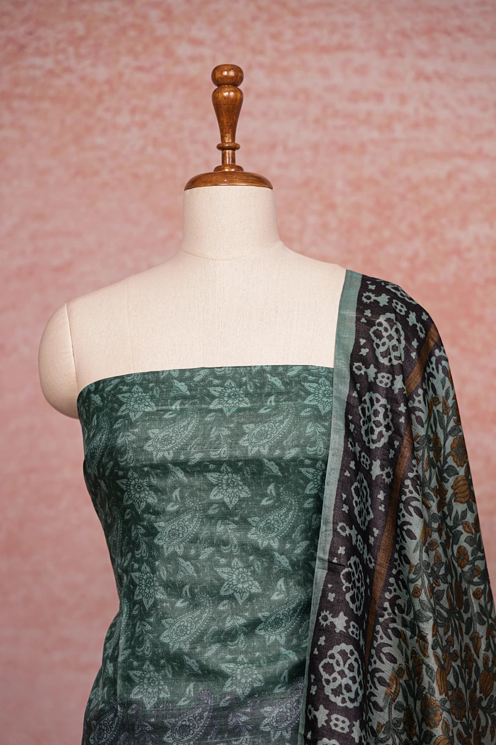 Green Tussar Silk  Printed Unstitched Churidhar Material
