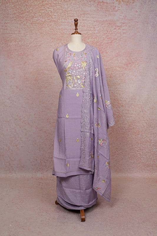 Light Lavender Mul Chanderi  Embroidery Unstitched Churidhar Material