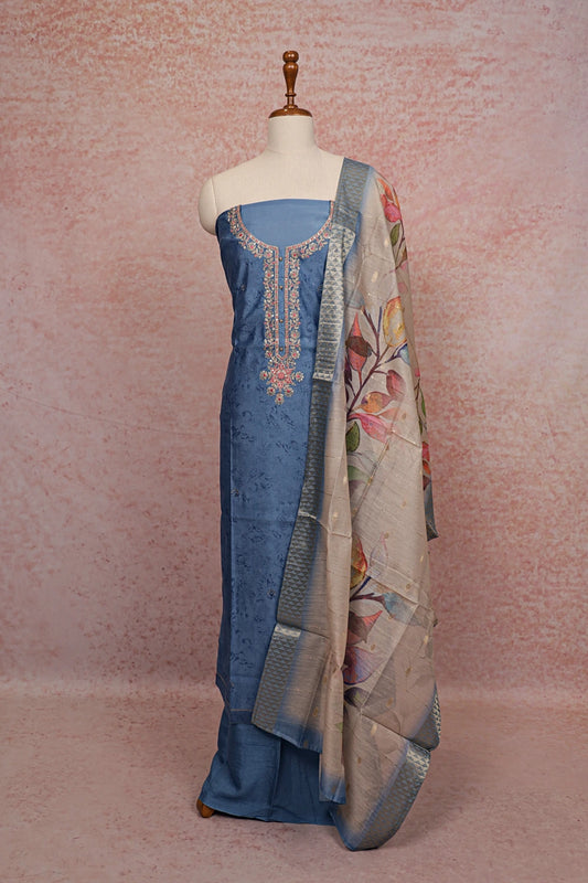 Blue Chanderi Silk Embroidery Unstitched Churidhar Material
