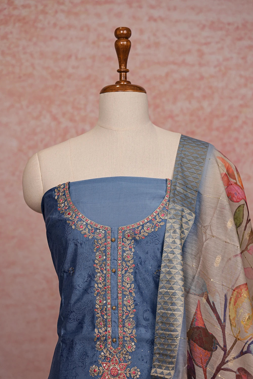 Blue Chanderi Silk Embroidery Unstitched Churidhar Material
