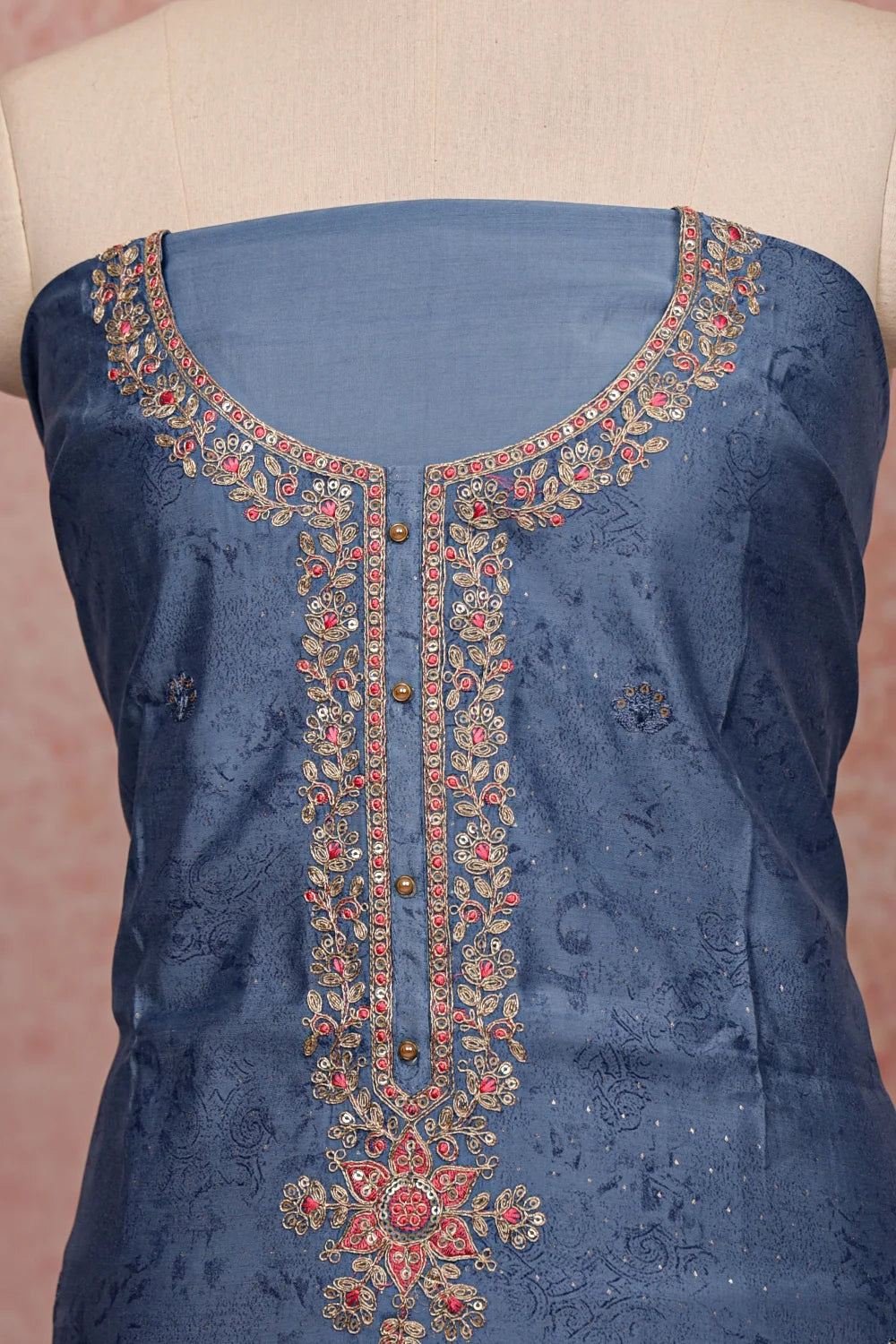 Blue Chanderi Silk Embroidery Unstitched Churidhar Material