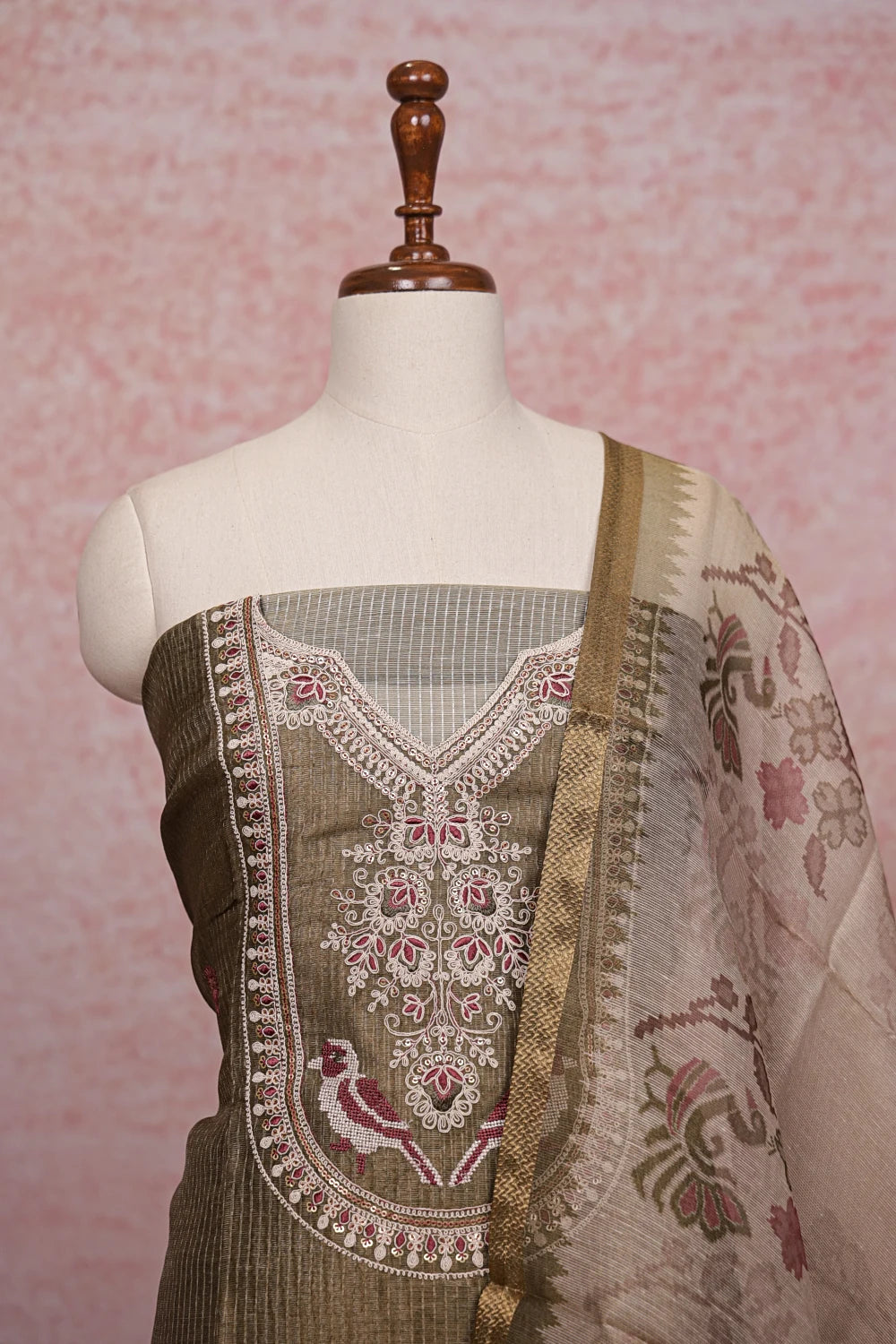 Mehandi Green Chanderi Silk Embroidery Unstitched Churidhar Material