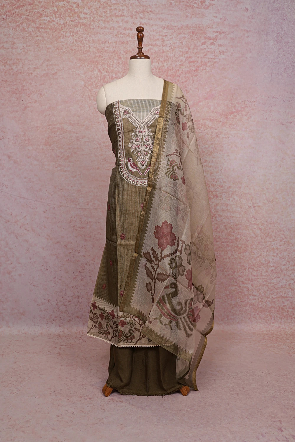 Mehandi Green Chanderi Silk Embroidery Unstitched Churidhar Material