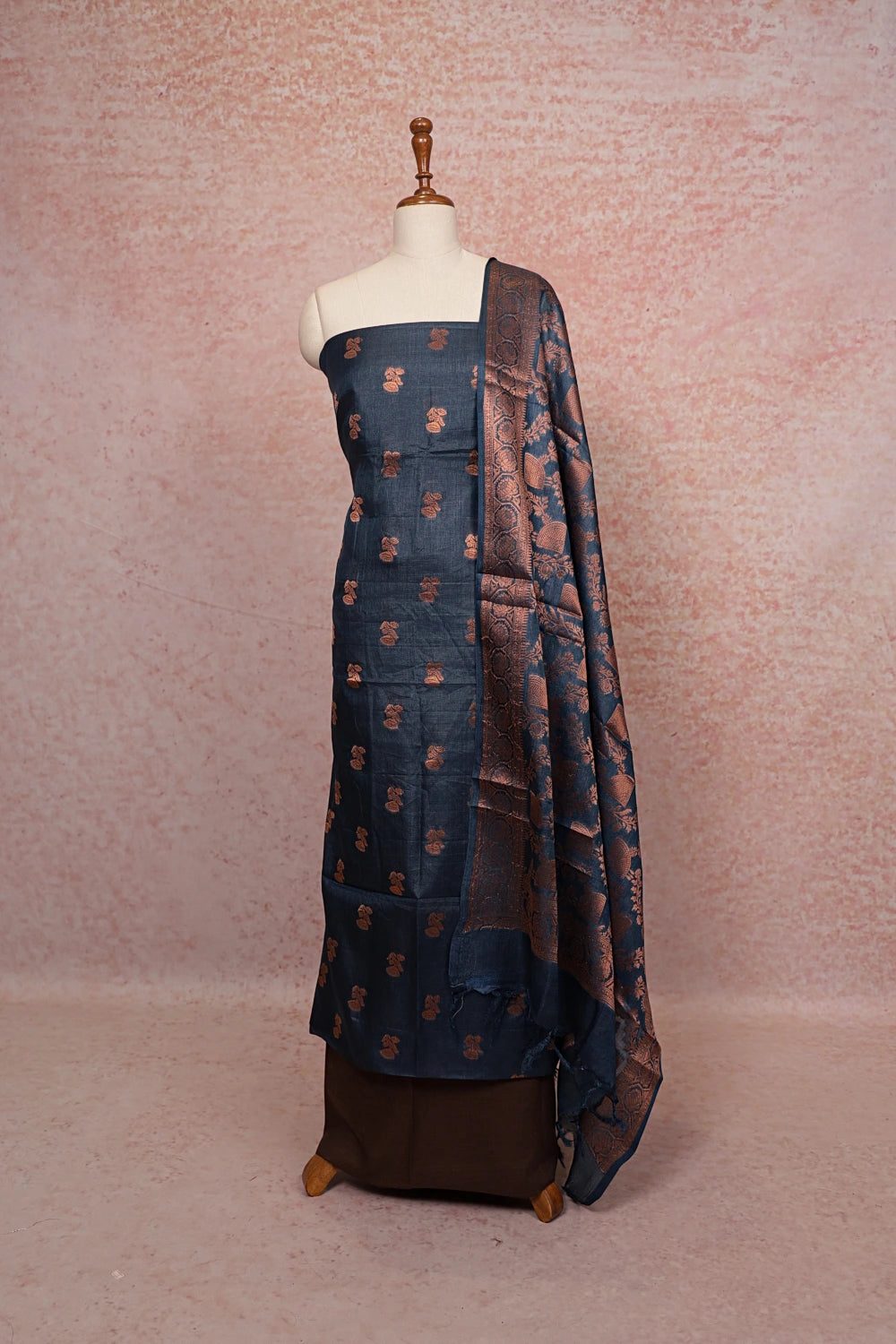 Peacock Blue Tussar Silk Banarasi Design Unstitched Churidhar Material