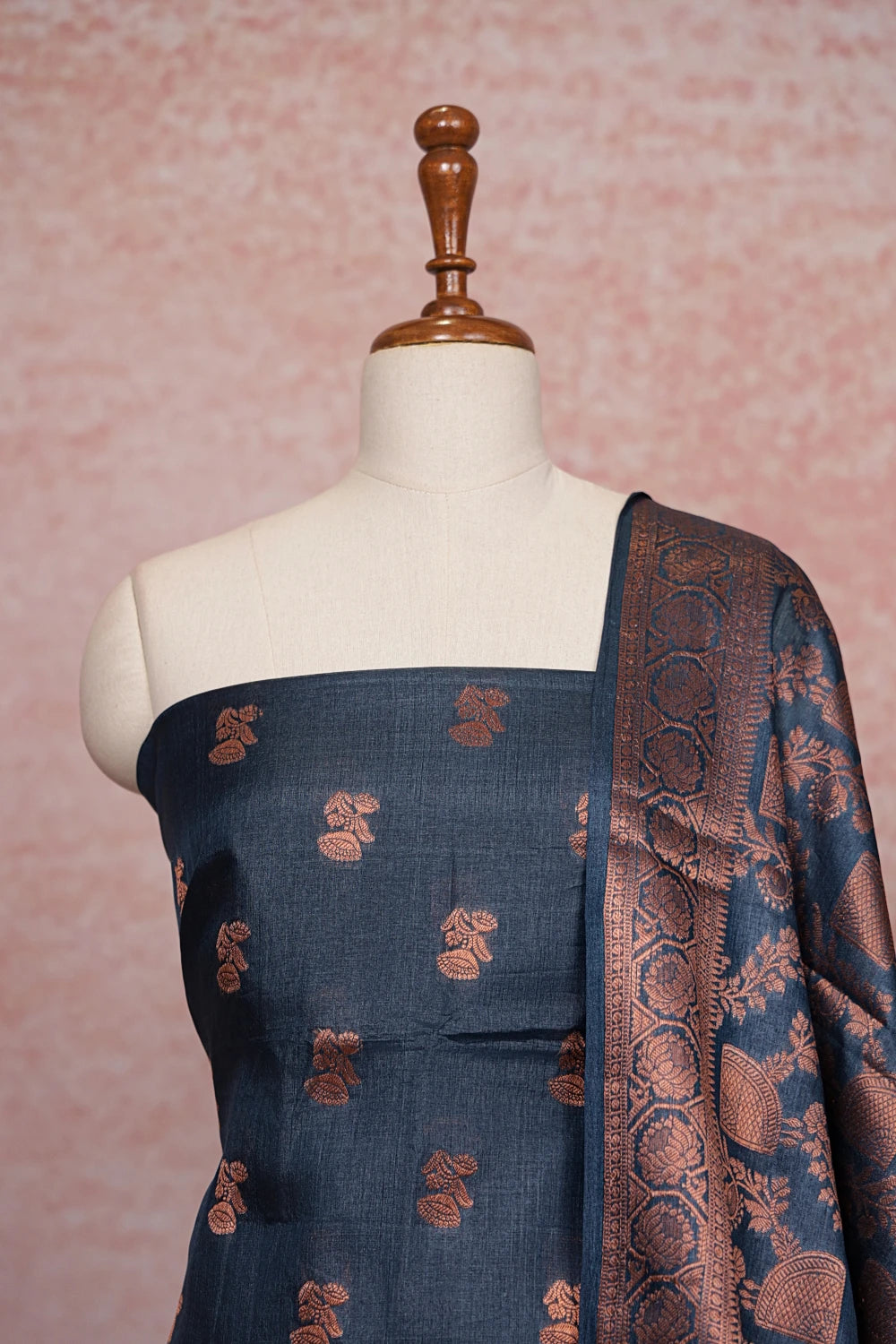 Peacock Blue Tussar Silk Banarasi Design Unstitched Churidhar Material