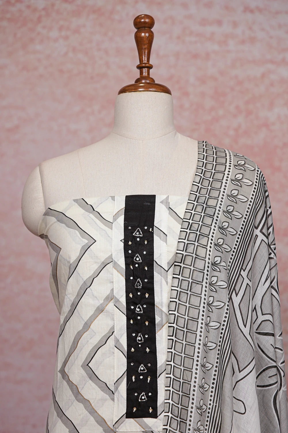 Cream Cotton Printed Unstitched Churidhar Material