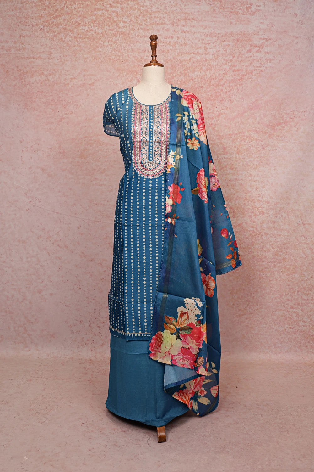 Blue Chanderi Silk Embroidery Unstitched Churidhar Material