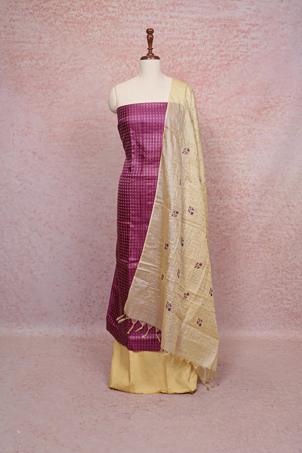 Purple Tussar Silk Thread Work Unstitched Churidhar Material